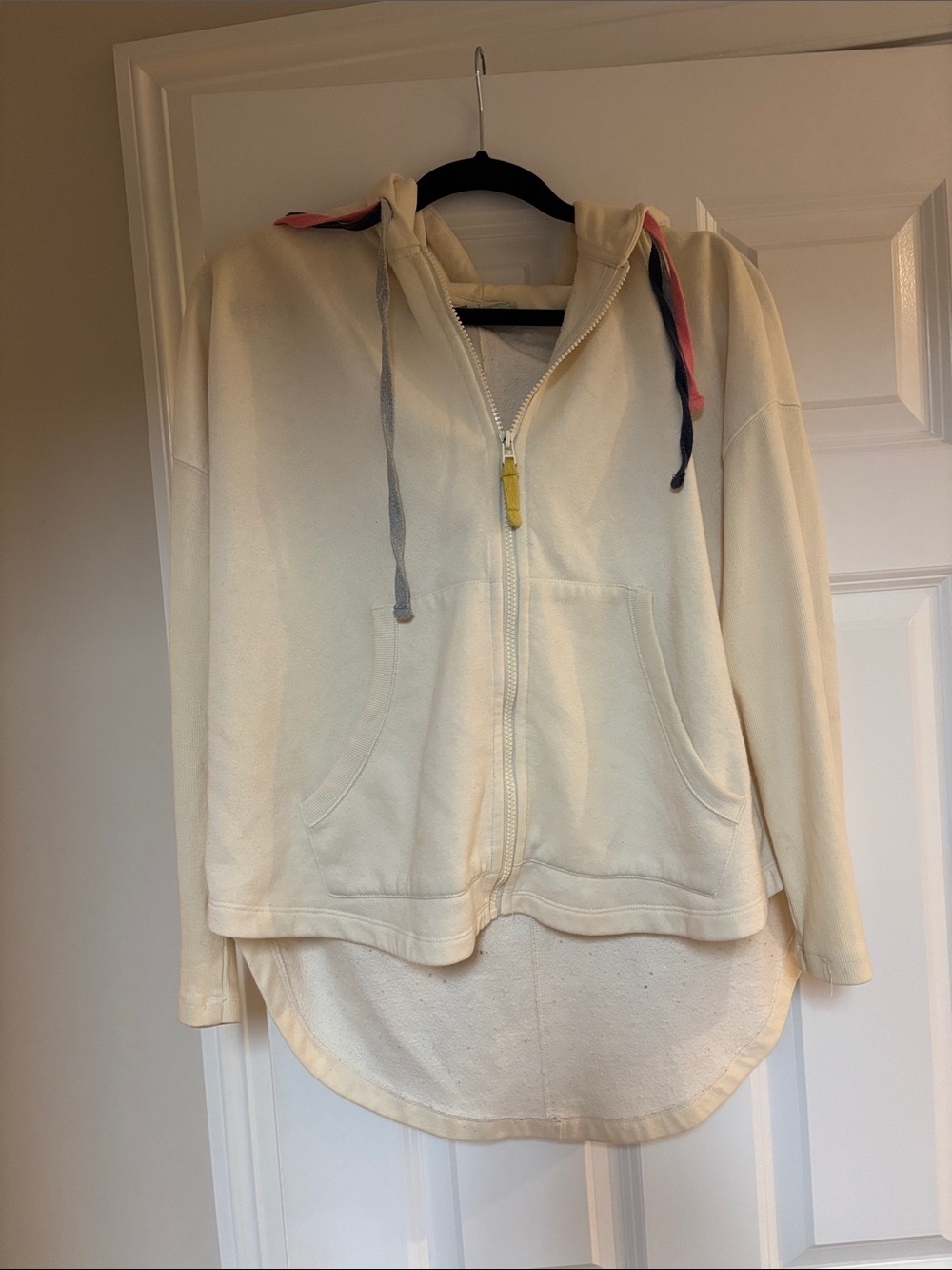 Anthropologie Cream Zip Hoodie with Contrast Drawstrings